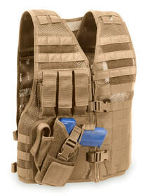 The Elite Survival Systems "Director" tactical vest features a right side pistol holster.